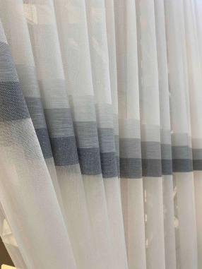 Geometrik Desenli Gri Şeritli Tül Perde