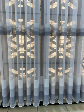 Geometrik Desenli Gri Şeritli Tül Perde